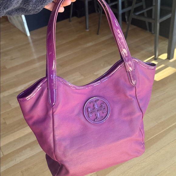 Tory Burch Purple Logo Coated Canvas Tote Bag Hobo - Picture 2 of 14
